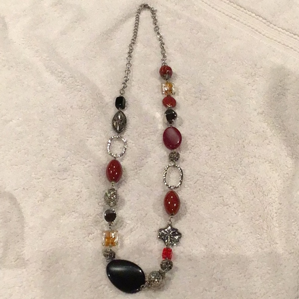 Necklace Beaded Glass Necklace Red Black Silver 32 inch